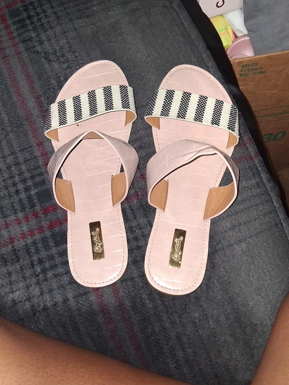 Qupid Blush Pink Slide Sandals with Black & White Striped Strap